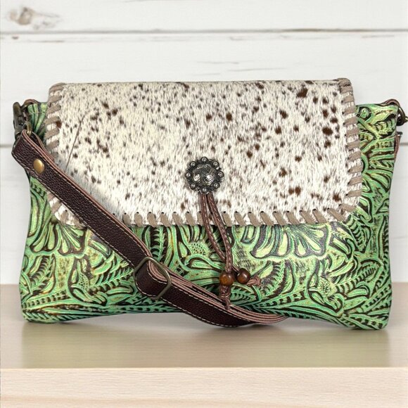 Myra Bag Embossed Leather & Hair-on Shoulder Crossbody Bag "Canyonlands"- New - Picture 2 of 14